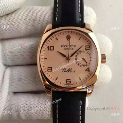 Swiss Replica Rolex Cellini Danaos Replica Watch Rose Gold Black Leather Strap